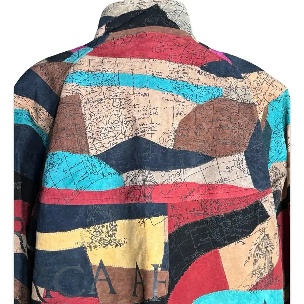 Vintage African Star Suede Leather Coat Map Print Oversized Long Jacket Boho - Picture 8 of 14